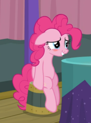 Size: 471x634 | Tagged: safe, screencap, pinkie pie, earth pony, pony, a trivial pursuit, g4, blushing, cropped, cute, diapinkes, embarrassed, female, floppy ears, mare, sheepish grin, sitting, smiling, solo, trivia trot