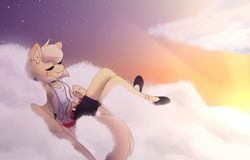Size: 1024x654 | Tagged: safe, artist:kisaradoesart16, oc, oc only, oc:rosie, pegasus, anthro, plantigrade anthro, armpits, belly button, belt, clothes, cloud, earbuds, flats, pegasus oc, resting, shoes, shorts, solo, sunset, tank top