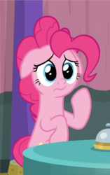 Size: 590x938 | Tagged: safe, screencap, pinkie pie, earth pony, pony, a trivial pursuit, g4, cropped, cute, diapinkes, faic, female, floppy ears, mare, raised hoof, sad, sadorable, sitting, solo