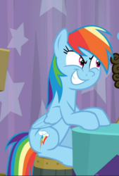 Size: 576x852 | Tagged: safe, screencap, matilda, rainbow dash, pegasus, pony, a trivial pursuit, g4, cropped, evil grin, female, grin, mare, rainbow dash is best facemaker, sitting, smiling, solo, teeth