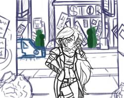 Size: 1008x793 | Tagged: safe, artist:midnight-note, sunset shimmer, equestria girls, g4, belt, cyberpunk, female, sketch, solo, wip