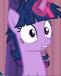 Size: 748x939 | Tagged: safe, screencap, twilight sparkle, alicorn, pony, a trivial pursuit, g4, cropped, female, glowing horn, horn, mare, messy mane, shocked, solo, twilight sparkle (alicorn)