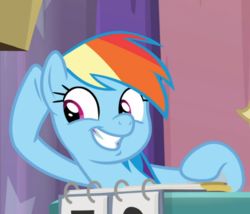 Size: 794x681 | Tagged: safe, screencap, rainbow dash, pegasus, pony, a trivial pursuit, g4, cropped, cute, dashabetes, faic, female, listening, mare, rainbow dash is best facemaker, raised hoof, sitting, smiling, solo