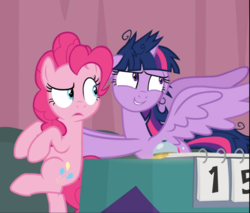 Size: 1003x856 | Tagged: safe, screencap, pinkie pie, twilight sparkle, alicorn, earth pony, pony, a trivial pursuit, g4, bipedal, confused, cropped, duo, female, floppy ears, mare, messy mane, open mouth, pushing, raised leg, smiling, spread wings, table, twilight sparkle (alicorn), wings