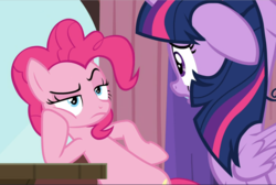 Size: 1402x940 | Tagged: safe, screencap, pinkie pie, twilight sparkle, alicorn, earth pony, pony, a trivial pursuit, g4, cropped, duo, female, floppy ears, glare, hoof on hip, looking at each other, mare, narrowed eyes, pinkie pie is not amused, raised eyebrow, raised hoof, sitting, twilight sparkle (alicorn), unamused