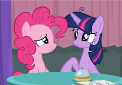 Size: 1188x826 | Tagged: safe, screencap, pinkie pie, twilight sparkle, alicorn, earth pony, pony, a trivial pursuit, g4, cropped, duo, female, looking at each other, mare, messy mane, raised hoof, sitting, smiling, twilight sparkle (alicorn)
