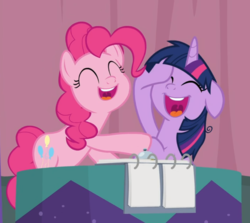 Size: 921x820 | Tagged: safe, screencap, pinkie pie, twilight sparkle, alicorn, earth pony, pony, a trivial pursuit, g4, cropped, cute, diapinkes, duo, eyes closed, female, floppy ears, laughing, laughingmares.jpg, mare, messy mane, open mouth, raised hoof, twiabetes, twilight sparkle (alicorn)