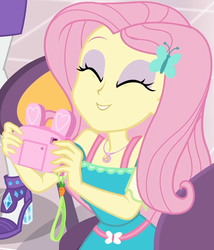 Size: 855x1000 | Tagged: safe, screencap, fluttershy, rarity, dashing through the mall, equestria girls, equestria girls specials, g4, my little pony equestria girls: better together, my little pony equestria girls: holidays unwrapped, bunny ears, camera, canterlot mall, chair, clothes, cropped, cute, dress, eyes closed, female, flower, fluttershy boho dress, geode of fauna, gift giving, hairclip, happy, jewelry, legs, magical geodes, mall, necklace, present, shyabetes, sitting, skirt, smiling, table, waistband