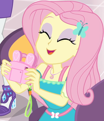 Size: 860x1004 | Tagged: safe, screencap, fluttershy, rarity, dashing through the mall, equestria girls, equestria girls series, g4, holidays unwrapped, spoiler:eqg series (season 2), bunny ears, camera, canterlot mall, chair, clothes, cropped, cute, dress, eyes closed, female, flower, geode of fauna, gift giving, hairclip, happy, jewelry, legs, magical geodes, mall, necklace, present, shyabetes, sitting, skirt, smiling, table, waistband