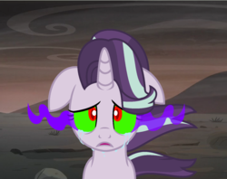 Size: 1434x1135 | Tagged: safe, artist:loladreamteam, starlight glimmer, pony, g4, alternate timeline, ashlands timeline, barren, crying, female, floppy ears, greatest fear, implied genocide, post-apocalyptic, show accurate, solo, sombra eyes, wasteland, worst nightmare