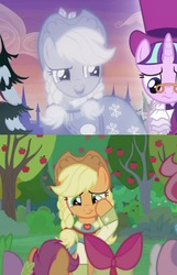 Size: 1000x1557 | Tagged: safe, edit, edited screencap, screencap, apple bloom, applejack, scootaloo, snowfall frost, spirit of hearth's warming past, starlight glimmer, sweetie belle, earth pony, ghost, ghost pony, pegasus, pony, unicorn, a hearth's warming tail, g4, the big mac question, apple, apple bloom's bow, apple tree, bow, comparison, cropped, crying, cutie mark crusaders, duckery in the description, hair bow, hat, open mouth, reuse, sad, slowpoke, sweet apple acres, tears of joy, top hat, tree, wiping tears