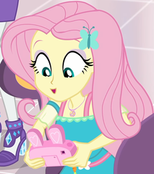 Size: 857x967 | Tagged: safe, screencap, fluttershy, rarity, dashing through the mall, equestria girls, equestria girls series, g4, holidays unwrapped, spoiler:eqg series (season 2), bunny ears, camera, canterlot mall, chair, clothes, cropped, cute, dress, female, flower, fluttershy boho dress, geode of fauna, gift giving, hairclip, happy, jewelry, looking down, magical geodes, mall, necklace, present, shyabetes, sitting, smiling, table, waistband