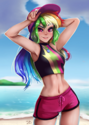 Size: 706x1000 | Tagged: safe, artist:the-park, rainbow dash, human, equestria girls, g4, adorasexy, armpits, beach, beach babe, belly button, bikini, board shorts, cap, clothes, cloud, cute, dashabetes, female, geode of super speed, hat, human coloration, looking at you, magical geodes, midriff, ocean, rainbow dash's beach shorts swimsuit, sexy, shorts, sky, smiling, solo, swimsuit, tankini