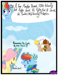 Size: 3500x4500 | Tagged: dead source, safe, artist:becauseimpink, fluttershy, gilda, rainbow dash, griffon, pegasus, pony, comic:transition, g4, butterscotch, cloud, colt, comic, dialogue, eyes closed, female, filly, filly fluttershy, filly rainbow dash, frown, guilder, male, open mouth, rainbow blitz, rule 63, smiling, transgender, younger