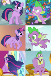 Size: 928x1392 | Tagged: safe, edit, edited screencap, screencap, spike, twilight sparkle, alicorn, dragon, pony, unicorn, father knows beast, g4, owl's well that ends well, the last problem, the ticket master, three's a crowd, claws, collage, cropped, ethereal mane, female, gigachad spike, male, mare, medal, older, older spike, older twilight, older twilight sparkle (alicorn), princess twilight 2.0, twilight sparkle (alicorn), unicorn twilight, winged spike, wings