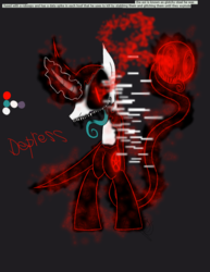 Size: 888x1150 | Tagged: safe, artist:didun850, oc, oc:steel wing, pony, shadow pony, unicorn, black sclera, corrupted, dark background, glitch art, glowing eyes, glowing horn, horn, male, possessed, sharp teeth, slit pupils, stallion, teeth, tongue out
