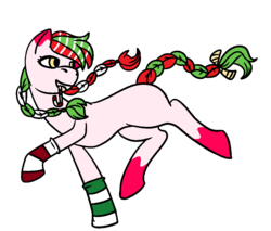 Size: 1000x853 | Tagged: safe, artist:dragonflyfire8, artist:ponebox, oc, oc only, earth pony, pony, braid, candy, candy cane, clothes, coat markings, collaboration, earth pony oc, food, grin, looking back, mouth hold, simple background, smiling, socks, socks (coat markings), solo, transparent background