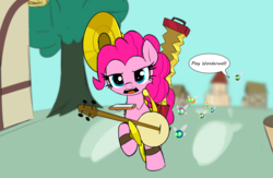 Size: 3892x2544 | Tagged: safe, artist:wenni, pinkie pie, earth pony, parasprite, pony, series:pony re-watch, g4, swarm of the century, accordion, anyways here's wonderwall, banjo, cymbals, dialogue, female, harmonica, heckling, high res, mare, musical instrument, one man band, open mouth, ponyville, scene interpretation, solo focus, sousaphone, tambourine, wonderwall