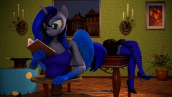 Size: 1920x1080 | Tagged: safe, artist:nightblood, oc, oc only, oc:nightblood eclipse, alicorn, anthro, plantigrade anthro, 3d, book, candle, clothes, crosscut saw, female, half, hat, high heels, magic trick, magic wand, modular, plant, saw, shoes, socks, solo, source filmmaker, striped socks, thigh highs