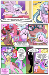 Size: 620x944 | Tagged: source needed, safe, artist:candyclumsy, artist:multi-commer, apple bloom, diamond tiara, ocellus, scootaloo, silver spoon, silverstream, smolder, sweetie belle, yona, oc, oc:queen aurora port, changeling, dragon, earth pony, hybrid, original species, pegasus, pony, unicorn, yak, yakony, comic:the great big fusion 3, g4, apple, apple tree, clubhouse, collapse, comic, confused, crusaders clubhouse, cutie mark crusaders, dialogue, dragoness, female, food, fusion, fusion:queen aurora port, hug, magic, merge, potion, shy, tree, treehouse