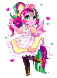 Size: 800x1088 | Tagged: safe, artist:ipun, oc, oc only, oc:precious metal, pegasus, anthro, unguligrade anthro, anthro oc, arm hooves, boots, bow, clothes, deviantart watermark, dress, female, hair bow, heart, maid, mare, nail polish, obtrusive watermark, ponytail, shoes, simple background, socks, solo, transparent background, watermark
