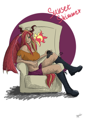 Size: 3508x4961 | Tagged: safe, artist:minegirl007, artist:shyinka, sunset shimmer, demon, human, original species, equestria girls, g4, alternate design, belly button, black sclera, boots, chair, clothes, colored sclera, combat boots, controller, dark magic, elf ears, female, gamer sunset, horn, horned humanization, horns, humanized, looking at you, magic, midriff, miniskirt, shoes, short shirt, skirt, solo, sunset satan, tailed humanization, thighs, throne, winged humanization, wings