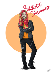 Size: 3508x4961 | Tagged: safe, artist:minegirl007, artist:shyinka, sunset shimmer, human, equestria girls, g4, my little pony equestria girls: better together, alternate hairstyle, belt buckle, boots, bust, clothes, crossed arms, cutie mark, cutie mark on human, drawing, eyebrow piercing, fanart, fanfic art, female, graphic design, human coloration, humanized, jacket, leather jacket, lip piercing, loose fitting clothes, loose hair, painting, pale skin, piercing, punk, punkset shimmer, red hair, shoes, smiling, smiling at you, solo, standing
