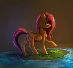 Size: 2709x2504 | Tagged: safe, artist:miokomata, fluttershy, pegasus, pony, g4, butt, chest fluff, fangs, female, freckles, grass, high res, looking at you, mare, plot, raised hoof, solo, water