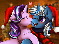 Size: 2379x1783 | Tagged: safe, artist:pridark, starlight glimmer, oc, pony, unicorn, g4, blushing, bust, canon x oc, chest fluff, christmas, clothes, commission, eyes closed, female, glasses, hat, heart, holiday, kissing, lucky, mare, not trixie, one eye closed, portrait, santa hat, scarf