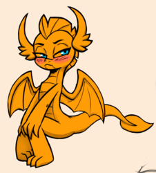 Size: 747x827 | Tagged: safe, artist:soulcentinel, smolder, dragon, g4, blushing, claws, cute, dragoness, explicit source, female, horns, orange background, pouting, simple background, sitting, smolderbetes, solo, spread wings, toes, wings