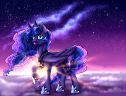 Size: 2500x1911 | Tagged: safe, artist:not-ordinary-pony, princess luna, alicorn, pony, g4, crepuscular rays, curved horn, ethereal mane, female, galaxy, galaxy mane, horn, mare, sky, solo, twilight (astronomy)