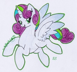 Size: 1280x1201 | Tagged: safe, artist:fluffle-nova, oc, oc only, alicorn, pony, adopted offspring, deviantart watermark, female, obtrusive watermark, offspring, parent:oc, parent:princess flurry heart, solo, traditional art, watermark
