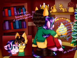 Size: 2000x1500 | Tagged: safe, artist:spedoodle, starlight glimmer, oc, oc:brandon, pony, unicorn, g4, bookshelf, branglimmer, canon x oc, christmas, christmas tree, clothes, dialogue, female, fireplace, glasses, holiday, looking at each other, male, shipping, smiling, straight, sweater, tree