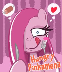 Size: 1774x2048 | Tagged: safe, artist:garammasara, pinkie pie, earth pony, pony, g4, hoof hold, hungry, pinkamena diane pie, ponies wanting to eat meat, tongue out