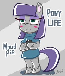 Size: 2126x2455 | Tagged: safe, artist:garammasara, boulder (g4), maud pie, pony, semi-anthro, g4, g4.5, my little pony: pony life, abstract background, arm hooves, bipedal, cute, female, g4 to g4.5, high res, maudabetes, unamused