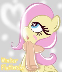 Size: 1774x2048 | Tagged: safe, artist:garammasara, fluttershy, pony, g4, clothes, december, female, heart, scarf, snow, solo, starry eyes, wingding eyes, winter