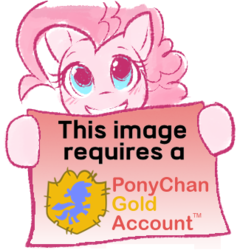 Size: 325x339 | Tagged: source needed, safe, pinkie pie, earth pony, pony, g4, female, hoof hold, mare, meme, ponychan, sign, simple background, smiling, solo, text, this image requires a gold account, white background