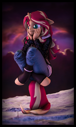 Size: 3840x6400 | Tagged: safe, artist:imafutureguitarhero, sunset shimmer, unicorn, anthro, unguligrade anthro, 3d, :i, absurd file size, absurd resolution, boots, border, bored, chromatic aberration, clothes, cloud, colored eyebrows, colored eyelashes, crossed legs, cute, female, film grain, floppy ears, hands on cheeks, hoodie, horn, jacket, jeans, leather, leather boots, leather jacket, long hair, long mane, looking away, mare, multicolored hair, multicolored mane, multicolored tail, nose wrinkle, outdoors, pants, prehensile tail, revamped anthros, revamped ponies, scrunchy face, shimmerbetes, shoes, signature, solo, source filmmaker, supporting head, tail stand, vertical