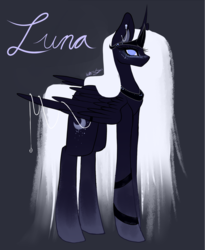 Size: 1024x1247 | Tagged: safe, artist:purediamond360, princess luna, alicorn, pony, g4, alternate design, big ears, blue background, crown, ear piercing, earring, female, folded wings, gradient legs, gray background, hoof shoes, jewelry, mare, peytral, piercing, princess shoes, regalia, simple background, solo, standing, tall, tiara, wing jewelry, wing ring, wings