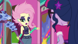Size: 1920x1080 | Tagged: source needed, safe, screencap, fluttershy, sci-twi, twilight sparkle, equestria girls, g4, my little pony equestria girls: better together, the road less scheduled, the road less scheduled: fluttershy, clothes, female, flutterpunk, midriff, sleeveless, tank top