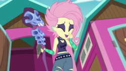 Size: 1920x1080 | Tagged: safe, screencap, fluttershy, equestria girls, g4, my little pony equestria girls: better together, the road less scheduled, the road less scheduled: fluttershy, clothes, female, flutterpunk, midriff, sleeveless, solo, tank top