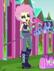 Size: 445x582 | Tagged: safe, screencap, fluttershy, equestria girls, equestria girls series, g4, the road less scheduled, the road less scheduled: fluttershy, spoiler:eqg series (season 2), clothes, cropped, female, flutterpunk, midriff, sleeveless, solo, tank top