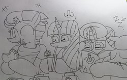 Size: 3490x2193 | Tagged: safe, artist:徐詩珮, fizzlepop berrytwist, glitter drops, spring rain, tempest shadow, twilight sparkle, alicorn, pony, unicorn, series:sprglitemplight diary, series:sprglitemplight life jacket days, series:springshadowdrops diary, series:springshadowdrops life jacket days, g4, alternate universe, bisexual, broken horn, clothes, cute, drinking, eating, female, glitterbetes, high res, horn, lesbian, lifeguard, lifeguard spring rain, lifejacket, polyamory, scarf, ship:glitterlight, ship:glittershadow, ship:sprglitemplight, ship:springdrops, ship:springlight, ship:springshadow, ship:springshadowdrops, ship:tempestlight, shipping, sleeping, springbetes, tempestbetes, traditional art, twiabetes, twilight sparkle (alicorn)