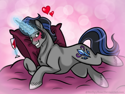 Size: 2048x1536 | Tagged: safe, artist:melspyrose, idw, king sombra, pony, unicorn, g4, reflections, spoiler:comic, alcohol, bed, bedroom eyes, blushing, cutie mark, glass, good king sombra, heart, levitation, looking at you, magic, male, pillow, solo, sombra's cutie mark, stallion, stupid sexy sombra, telekinesis, wine, wine glass