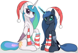 Size: 2303x1558 | Tagged: safe, artist:vinaramic, princess celestia, princess luna, alicorn, pony, g4, christmas, clothes, digital art, duo, female, glowing horn, hat, holiday, horn, looking at you, magic, mare, royal sisters, santa hat, siblings, simple background, sisters, sitting, socks, stockings, striped socks, telekinesis, thigh highs, transparent background, two toned wings, wings