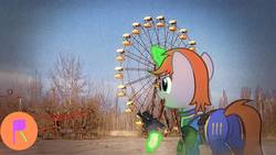 Size: 1192x670 | Tagged: safe, artist:ponyrailartist, editor:relapse11, oc, oc only, oc:littlepip, pony, unicorn, fallout equestria, butt, chernobyl, clothes, doll, fanfic, fanfic art, female, ferris wheel, glowing horn, gun, handgun, hooves, horn, irl, jumpsuit, levitation, little macintosh, magic, mare, open mouth, optical sight, photo, pipbuck, plot, pripyat, puppet rig, revolver, scope, show accurate, solo, telekinesis, theater, toy, ukraine, vault suit, weapon