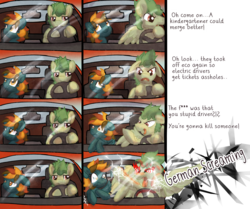 Size: 977x818 | Tagged: safe, artist:tiothebeetle, oc, oc only, oc:hoxie redhoof, oc:morning raindew mist, pegasus, pony, series:austria tales, 4th wall break, angry, behind the wheel, breaking the fourth wall, broken glass, broken window, car, censored dialogue, comic, dialogue, driving, flaming eyes, fury, glass, pegasus oc, road rage, scared, shocked, startled, steering wheel, text, windshield