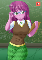 Size: 707x1000 | Tagged: safe, artist:uotapo, cheerilee, equestria girls, g4, adorasexy, blushing, breasts, busty cheerilee, chalkboard, cheeribetes, classroom, clipboard, clothes, curvy, cute, eyelashes, female, freckles, glasses, hot for teacher, lips, long hair, looking at you, meganekko, patreon, patreon logo, sexy, skirt, smiling, solo, stupid sexy cheerilee, sweater vest, teacher