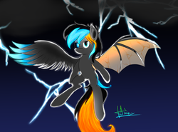 Size: 1024x757 | Tagged: safe, artist:liuhyhung123, oc, oc only, hybrid, pony, bat wings, flying, solo, wings