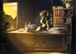 Size: 2000x1413 | Tagged: safe, artist:huussii, oc, oc only, earth pony, pony, book, bookshelf, desk, mouth hold, office, paperwork, pencil, plant, potted plant, ruler, solo, sunlight, window